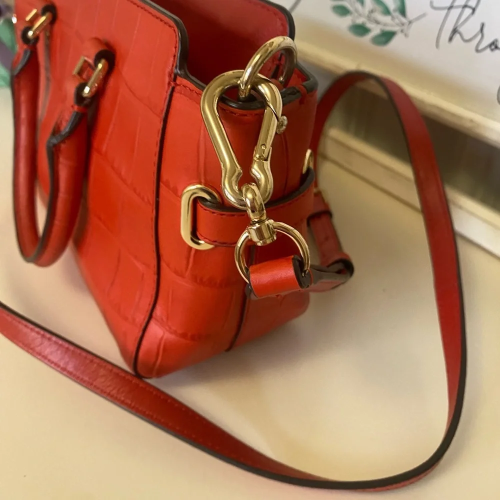 Coach Red Coral Croc-Embossed Leather Bag with Crossbody Strap